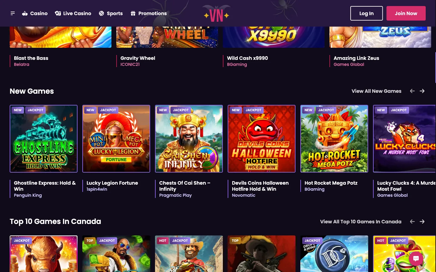 VegasNow slots grid on the Canadian lobby, New Games above the Top 10 Games In Canada row